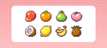 Pixel art fruit set - retro 8 bit style mango and orange, pear and peach, coconut with lemon, banana bunch near pineapple icons. Colorful gaming food for mobile apps, indie games or digital design.のイラスト素材