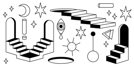 Surreal architectural elements with door portals, impossible stairs, geometric arches, moon and stars, sun and eye with tear drop. Abstract line art for mystic interior design, dreamlike spaces frameのイラスト素材
