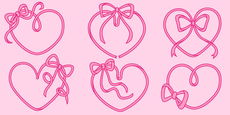 Pink line art heart shapes with decorative ribbon bows - coquette style frames for Valentine designs, romantic cards, girly decorations. Outline filigree hearts with tied laces on pastel background.のイラスト素材