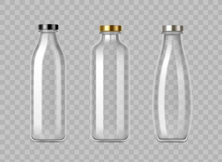 Empty glass milk bottles with metal lids - transparent containers for dairy or juice beverages. Clear jug mockups with black, gold and silver caps. Blank glossy reusable packaging for drinks.のイラスト素材