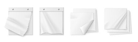 White fabric swatch mockup set of textile samples with zigzag edges. Blank canvas material pieces with folded corners for fashion presentation design catalogs or interior decoration portfolios.のイラスト素材