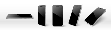 Modern smartphone mockup showing silver device from different angle views - horizontal flat, vertical standing, tilted perspective with black glossy screen for app presentation or digital marketing.のイラスト素材