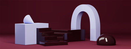 Modern 3d stair podium scene with purple arch and geometric shapes on burgundy background. minimalist display platform with cube pedestals, spheres and abstract forms for product showcase design.のイラスト素材