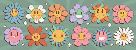Retro groovy daisy flowers with cartoon faces showing different emotions - happy, sad, surprised expressions in pink, orange, blue pastel colors for hippie style stickers, prints or 70s decorations.のイラスト素材