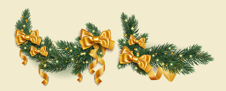Christmas garland compositions with yellow silk bows decorating pine tree branches - corner, horizontal swag and ornamental arrangements with golden led lights for holiday decoration designs.のイラスト素材