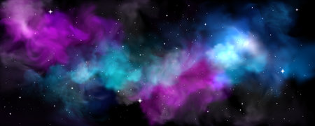 Cosmic nebula with vibrant purple and blue gas clouds - space background with stars, planet atmosphere and interstellar dust. Galaxy scenery for fiction astronomy wallpapers and universe designs.のイラスト素材