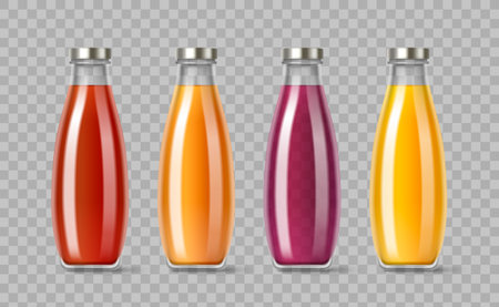 Colorful juice in glass bottles with metal caps - red, orange, purple and yellow fresh beverages. Transparent containers filled with vibrant drinks for packaging mockups. Fresh fruit juice collectionのイラスト素材