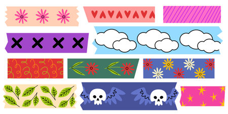 Colorful decorative washi tape strips for scrapbook crafts - various patterns with flowers and hearts, clouds and leaves, stars and geometric shapes. Bright adhesive tape collection for DIY journalingのイラスト素材