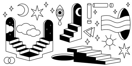 Surreal cosmic elements with mystical door portals - archways, floating stairs, clouds and stars, crescent moon, geometric shapes and rainbow waves, eye with tear drop symbol for dreamlike designのイラスト素材