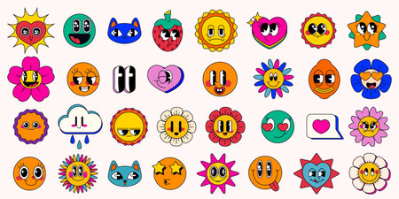 Vibrant retro pop emoticon set with groovy cartoon characters - cute faces, weather elements, food items and abstract shapes in bright colors for messaging, social media stickers and nostalgic designのイラスト素材