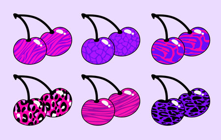 Trendy girly y2k cherry stickers with animal print patterns - zebra stripes, leopard spots in vibrant acid colors for scrapbooking, digital decorations and nostalgic aesthetic designs.のイラスト素材