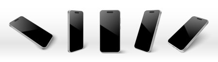 Modern smartphone mockup showing silver device from different angle views - horizontal flat, vertical standing, tilted perspective with black glossy screen for app presentation or digital marketing.のイラスト素材