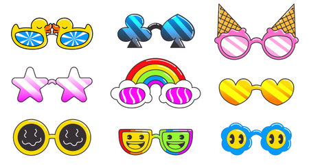 Groovy disco glasses collection - yellow duck shades, club spade sunglasses, pink frames with waffle cones, star shapes, rainbow cloud eyewear, gradient hearts, wavy rounds for retro party fashion.のイラスト素材