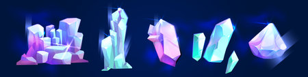 Crystal stone set for game design - glowing gemstone clusters with blue and purple facets. Magical mineral formations and fantasy shiny rock shards for treasure loot or cave environment assets.のイラスト素材