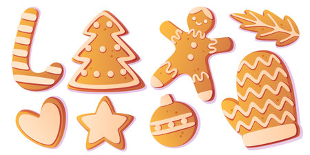 Gingerbread cookie set - festive ginger character with icing smile, zigzag stripes glove, star shape, heart and candy cane, bauble ornament. Christmas bakery treats for holiday decoration design.のイラスト素材