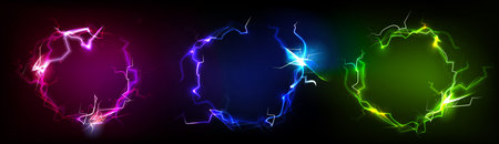 Vibrant electric effects with circle formations and bolt patterns for dynamic light displays or energy backgrounds with neon glow elements. Colorful lightning designs for modern digital projects.のイラスト素材