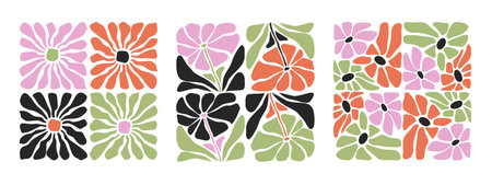 Groovy floral patterns with Matisse cutout shapes and boho daisy blooms. Retro botanical elements...