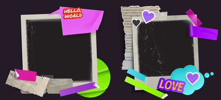 Mixed media photo collage in y2k aesthetic - frame elements with torn newspaper, tape strips for...