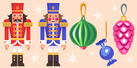 Nutcracker holiday collection. Toy soldier figures in red and blue uniform with decorative Christmas tree bauble ornaments. Festive characters for seasonal celebrations. Cute xmas decorationのイラスト素材