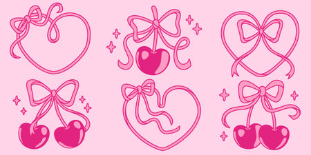 Pink line art heart shapes with decorative ribbon bows - coquette style frames for Valentine designs, romantic cards, girly decorations. Outline filigree hearts with tied laces on pastel background.のイラスト素材
