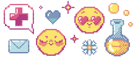 Pixel art y2k set - pink cross speech bubble, daisy flower, emoticon in love, blushed face, romantic...