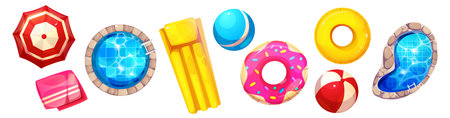 Pool accessories top view with beach umbrella and towel, stone poolside and water surface, air mattress and colorful rubber inflatables. Summer vacation Swimming items for resort or waterpark design.のイラスト素材