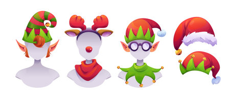 Christmas elf costume with festive accessories - striped hat, reindeer antlers headband, glasses with jester cap, Santa hats collection for holiday character design or party decoration props.のイラスト素材