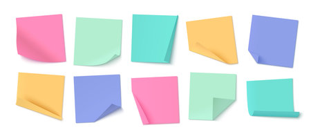 Colorful sticky note collection of memo papers in pastel colors. Square adhesive sheets with curled corners for office reminders or planning. Blank paper stickers for messages and organization.のイラスト素材