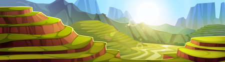 Rice field terraces vector landscape with green paddies on hillside mountains and morning sunlight. Asian agricultural cultural scenery with curved farming platforms, distant peaks and sunrise raysのイラスト素材