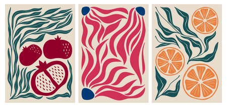 Modern abstract compositions with groovy flowing leaves, pomegranates and citrus slices for contemporary wall art. Bold colorful shapes in dynamic botanical designs. Retro decorative prints.のイラスト素材