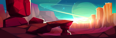 Alien planet landscape with rocky red terrain - sci fi scene with ringed celestial body, orange crystal formations and cliffs under bright sky for space game bg or extraterrestrial world illustration.のイラスト素材