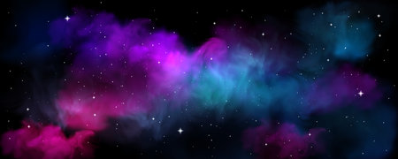 Cosmic nebula with vibrant purple and blue gas clouds - space background with stars, planet atmosphere and interstellar dust. Galaxy scenery for fiction astronomy wallpapers and universe designs.のイラスト素材