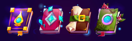 Magic book set for game interface - spellbooks with glowing gems, mystical enchanted pages and colorful covers by fantasy design, closed grimoires with mushrooms, scroll, crystals and sparklesのイラスト素材