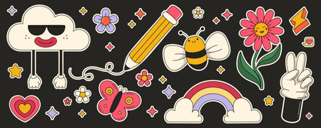 Cute retro collection with rainbow and flower, cloud wearing sunglasses, drawing pencil and bee, pink butterfly and daisy. Colorful sparkles, hearts and peace sign for groovy design elements set.のイラスト素材