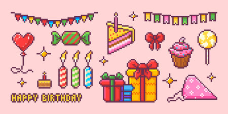 Pixel birthday party set with colorful flags, heart balloon, wrapped candy, candles and cake slice for festive game design. Gift boxes, cupcake and party hat. Retro 8 bit celebration collection.のイラスト素材