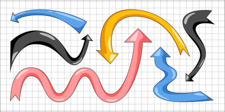 Curved arrows with playful movement in retro style - flowing wavy and straight directional forms for navigation graphics. Dynamic elements twist on grid bg for web interfaces or infographic design.のイラスト素材