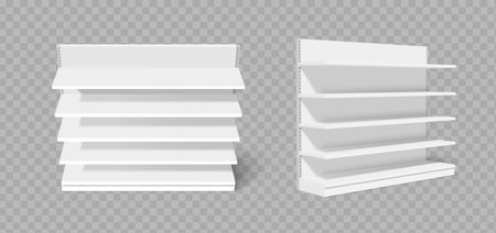 Empty white store shelves with metal brackets for supermarket or retail display - front and side view with multiple levels. Clean modern storage furniture for products and merchandise arrangement.のイラスト素材