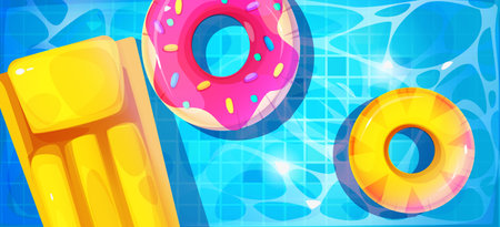 Pool party scene from top view - bright blue water with floating donut rings and yellow air mattress. Sparkling surface reflection for summer vacation design with inflatable toy for beach gameのイラスト素材