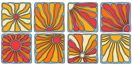 Groovy boho sun designs with retro rays and wavy patterns for hippie style art. Colorful tiles with orange, yellow and red psychedelic sunbursts. Vintage 70s aesthetic for posters or prints.のイラスト素材