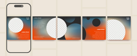 Modern carousel social media post templates with flowing abstract shapes and gradient overlays. Mobile mockup with swipeable cards with geometric forms and text placeholders for content creators.のイラスト素材