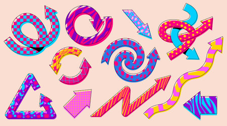 Vibrant arrow designs with retro playful patterns and colors for creative projects - curved, zigzag and spiral shapes decorated with wild animals, stripes and geometric motifs for branding graphicsのイラスト素材