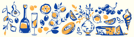 Amalfi coast inspired collection with wine bottle, citrus fruits and Mediterranean elements for Italian lifestyle design. Blue ceramics with lemons, olives and cheese wedges for kitchen decor.のイラスト素材