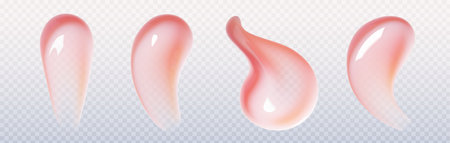Pink lip gloss swatch set on transparent background - glossy cosmetic cream smears with pearlescent shine, beauty product texture samples for makeup advertising, skincare packaging or cosmetic design.のイラスト素材