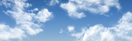 Realistic sky with fluffy white cloud formations - bright blue atmosphere, scattered cumulus in natural daylight scene for outdoor environment, weather backgrounds or landscape design elements.のイラスト素材