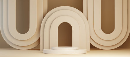 Beige podium display with layered arch backdrop - cream circular platform surrounded by curves. Minimalist product stage for beauty showcases, modern exhibitions and elegant commercial photography.のイラスト素材