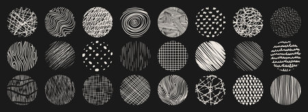 Crosshatch texture patterns set with dots and wood grain, diagonal lines and chaotic strokes, grid squares, organic swirls and geometric triangles. Black and white hand drawn design backgrounds.のイラスト素材