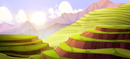 Terraced rice field vector landscape with rolling green paddies cascading down hillsides under sunrise sky. Mountain backdrop with agricultural terraces and clouds for Asian countryside illustrationのイラスト素材