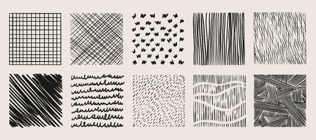 Crosshatch texture patterns set with hand drawn grid, diagonal lines and scribble marks for artistic backgrounds. Various hatching techniques - waves, dashes and geometric strokes for graphic design.のイラスト素材