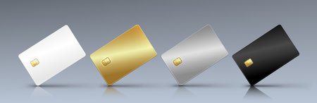 Premium credit card mockup with gold chip in white, golden, silver and black variations on gray background. Banking cards with metallic finishes for financial branding or payment design presentations.のイラスト素材