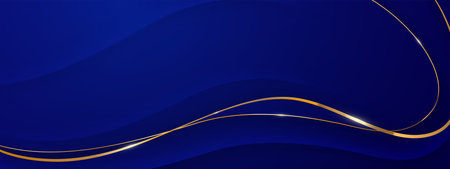 Blue luxury award background with elegant golden flowing curves and deep navy gradient for premium presentation design. Corporate or certificate template with metallic wave and smooth pattern.のイラスト素材